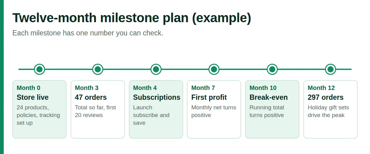 Twelve-month milestone timeline for the example store