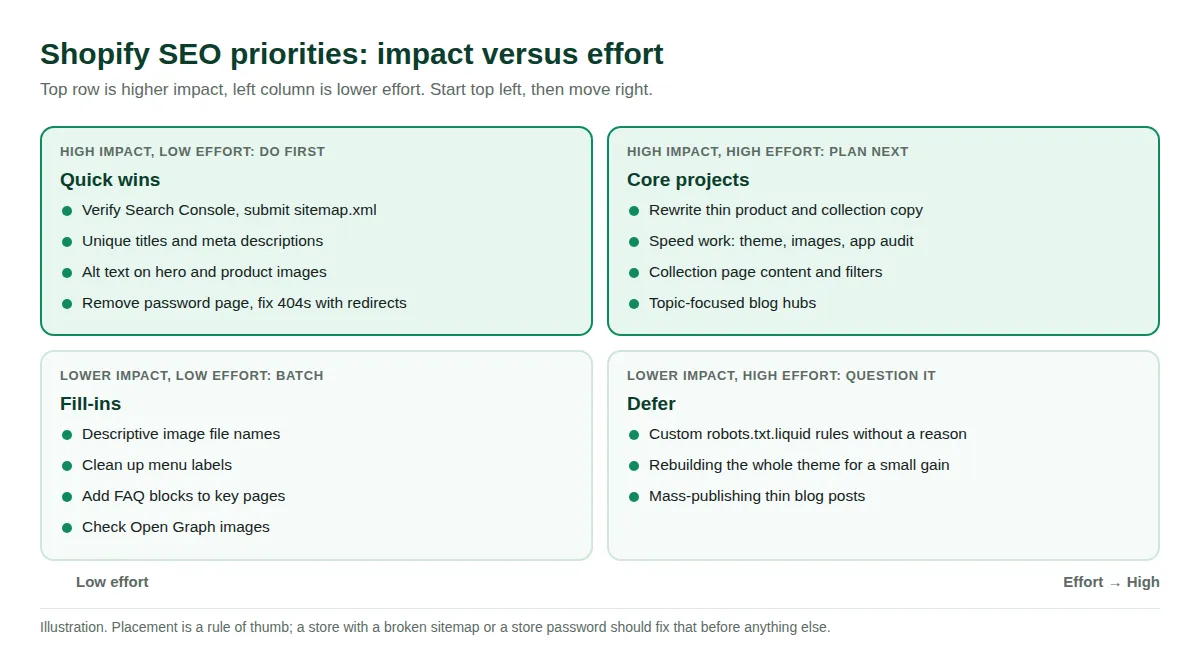 Two by two matrix of Shopify SEO tasks sorted by impact and effort, with quick wins in the top left