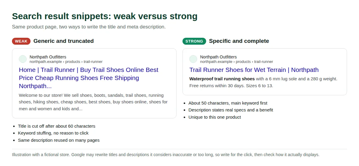 Side by side search result mockups comparing a keyword-stuffed truncated title with a specific, complete title and description