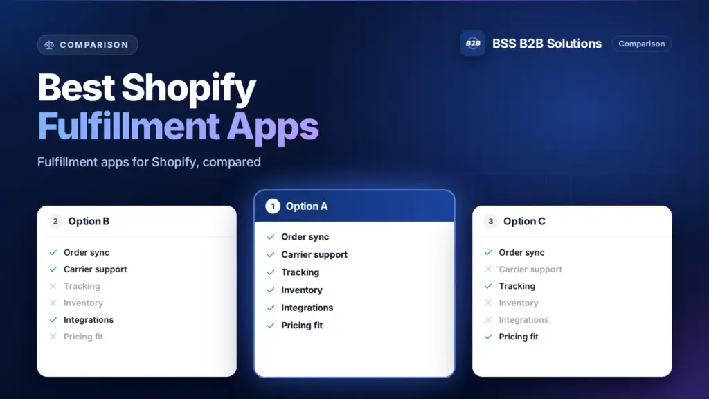 Three option cards with feature checklists. Cover for: Best Shopify Fulfillment Apps For Increasing Customer Experience