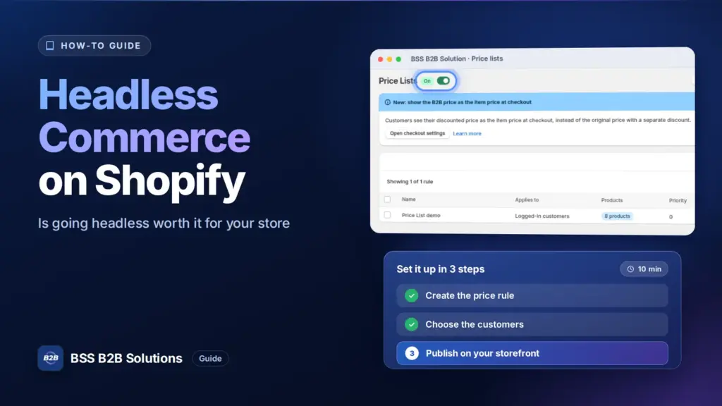 BSS B2B Solution admin price list screen with a three step checklist. Cover for: Headless Commerce Shopify: Is It Worth Doing?
