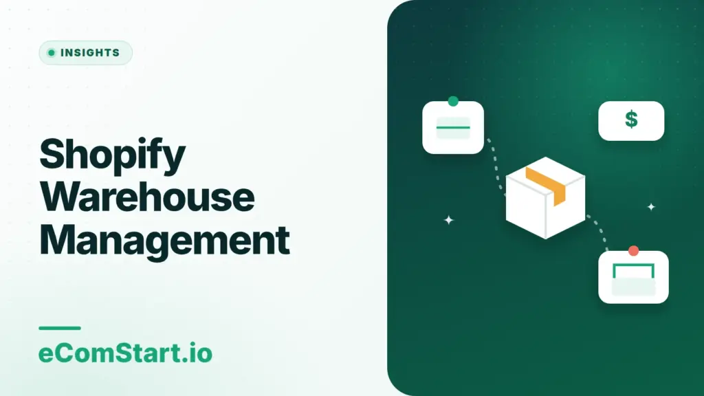 Shopify Warehouse Management. Cover image showing a package moving between a supplier and a customer.