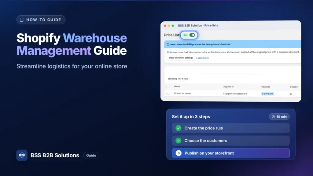 BSS B2B Solution admin price list screen with a three step checklist. Cover for: Shopify Warehouse Management: Business “Secret” To Streamline Logistics