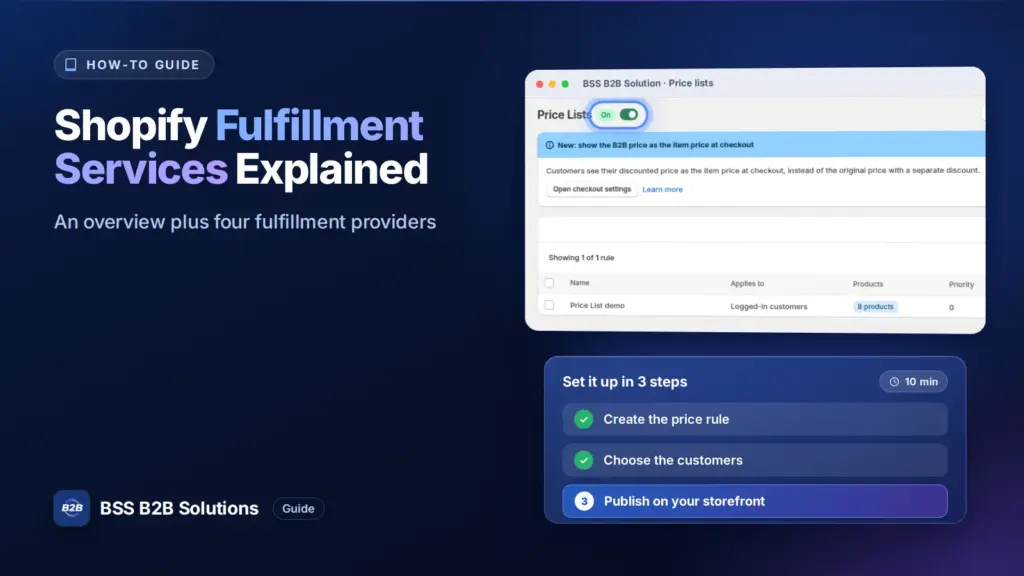 BSS B2B Solution admin price list screen with a three step checklist. Cover for: About Shopify Fulfillment Services And Top 4 Shopify Fulfillment Providers