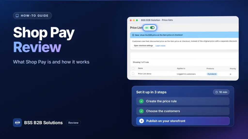 BSS B2B Solution admin price list screen with a three step checklist. Cover for: Shop Pay Review: What is Shop Pay & How Does It Work?