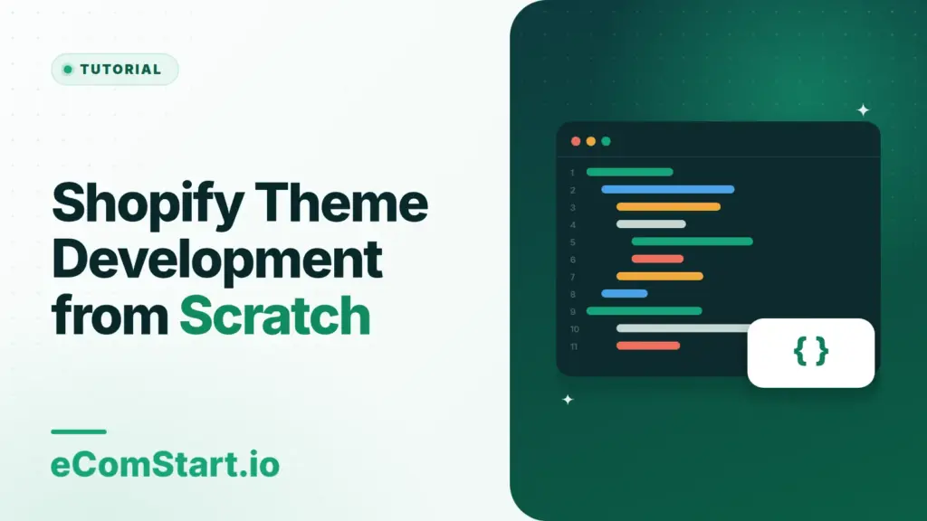 Shopify Theme Development from Scratch. Cover image showing a code editor window.