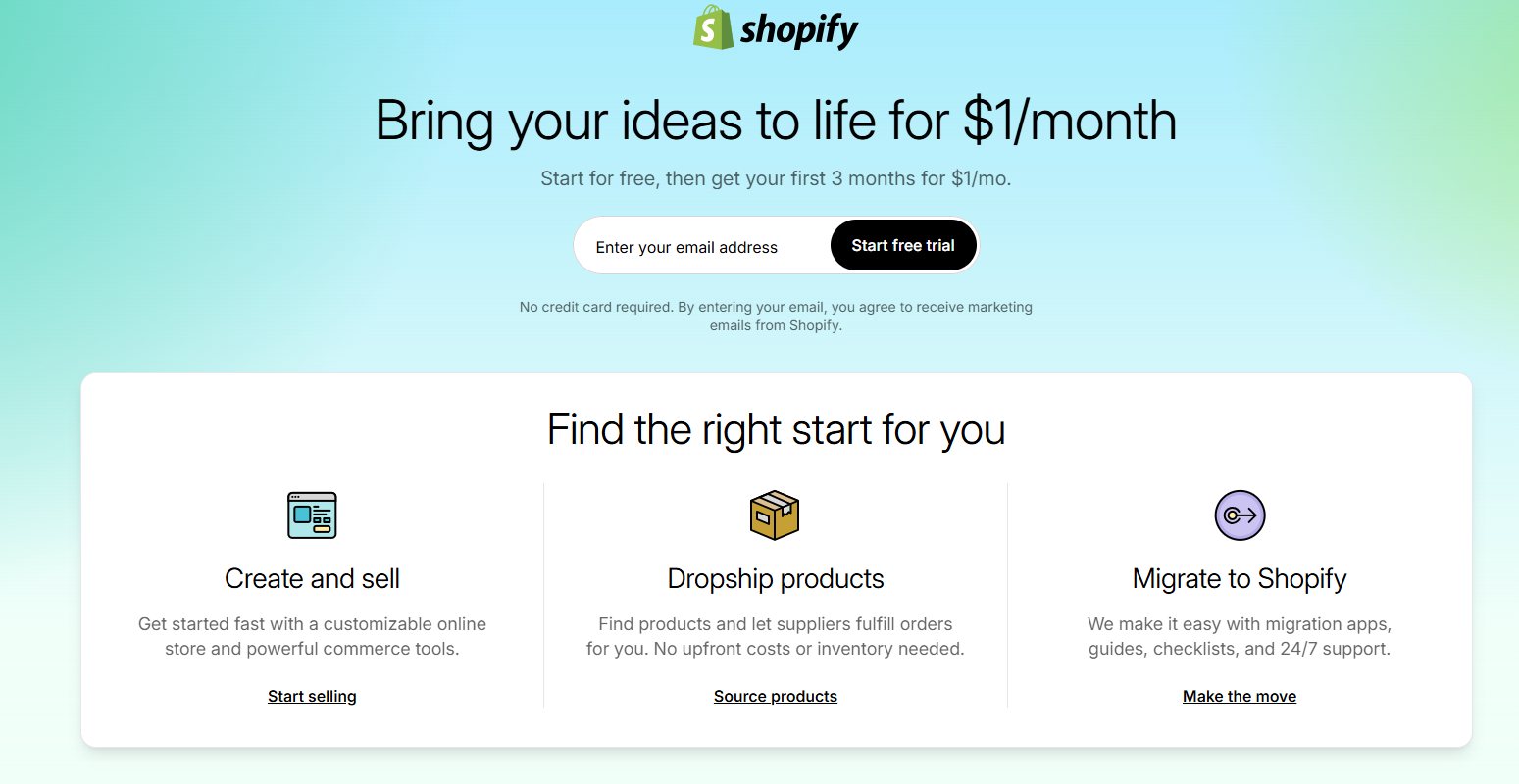 New users get Shopify for $1 in the first 3 months