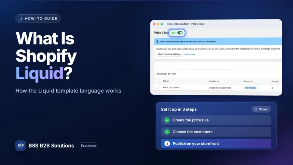 BSS B2B Solution admin price list screen with a three step checklist. Cover for: What is Shopify Liquid and How Does it Work?