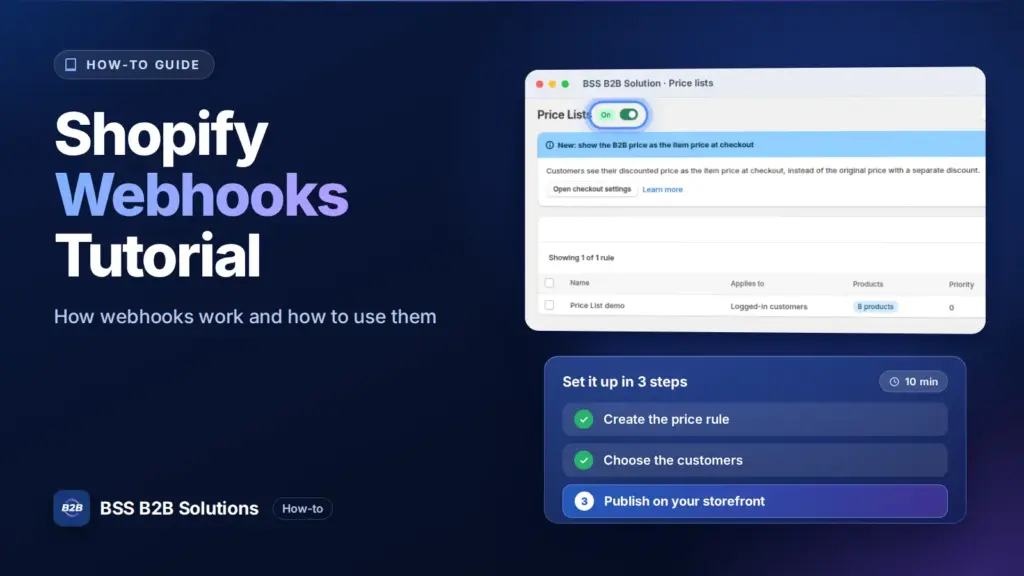 BSS B2B Solution admin price list screen with a three step checklist. Cover for: Shopify Webhooks Tutorial: Harnessing the Potential for Success