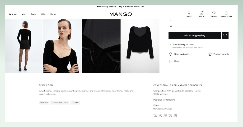Product descriptions for clothing examples - mango