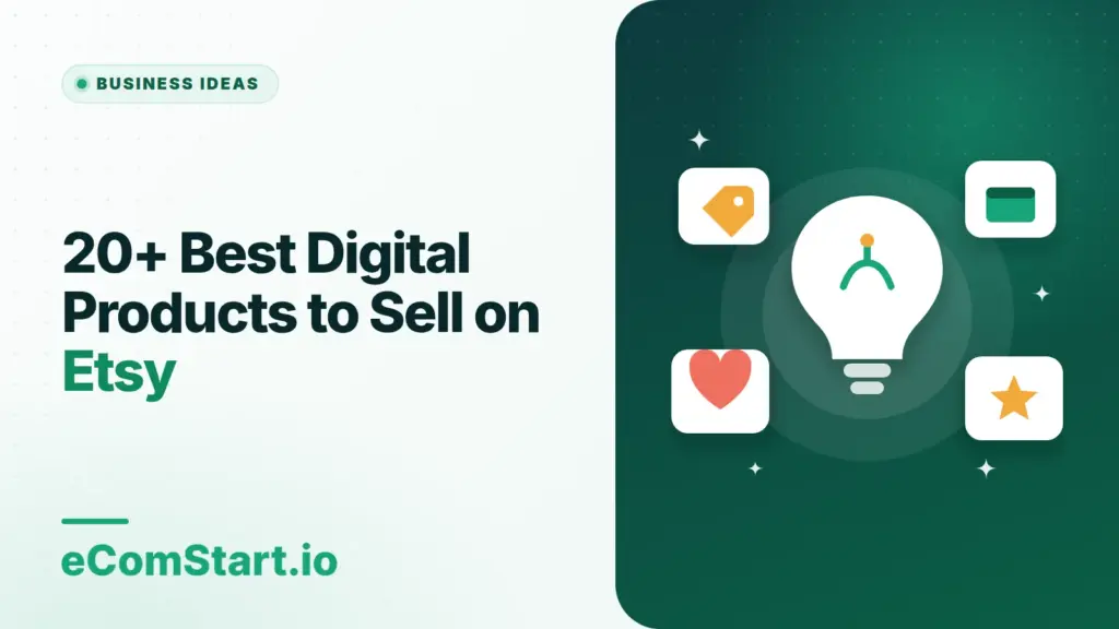 20+ Best Digital Products to Sell on Etsy. Cover image showing a light bulb surrounded by idea cards.