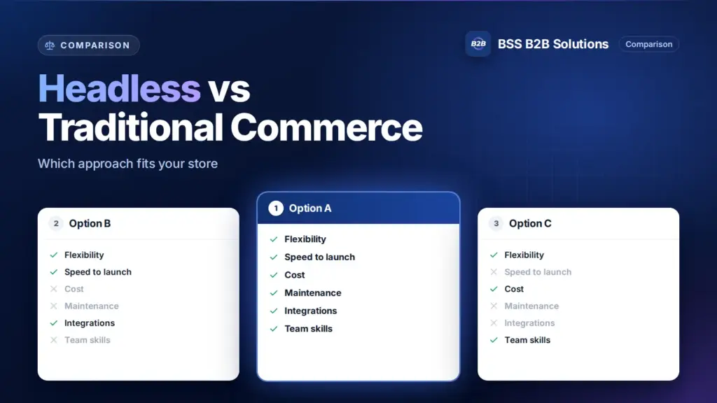 Three option cards with feature checklists. Cover for: Headless Commerce Vs Traditional Commerce: Which Fit You The Best?