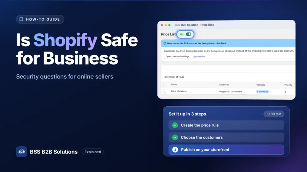 BSS B2B Solution admin price list screen with a three step checklist. Cover for: Is Shopify Safe For Your Online Business?
