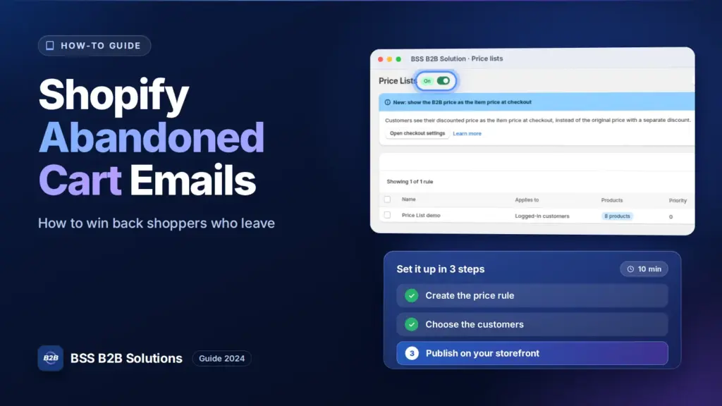 BSS B2B Solution admin price list screen with a three step checklist. Cover for: Shopify Abandoned Cart Email: How To Win Back Your Customers 2024