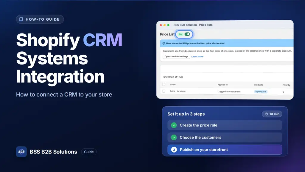 BSS B2B Solution admin price list screen with a three step checklist. Cover for: Shopify CRM Systems: Integrate to Grow Your eCommerce Business