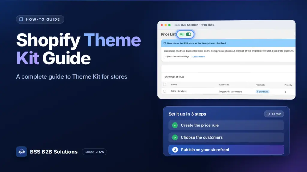 BSS B2B Solution admin price list screen with a three step checklist. Cover for: Shopify Theme Kit for eCommerce: A Complete Guide [2025]