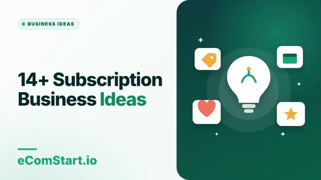 14+ Subscription Business Ideas. Cover image showing a light bulb surrounded by idea cards.