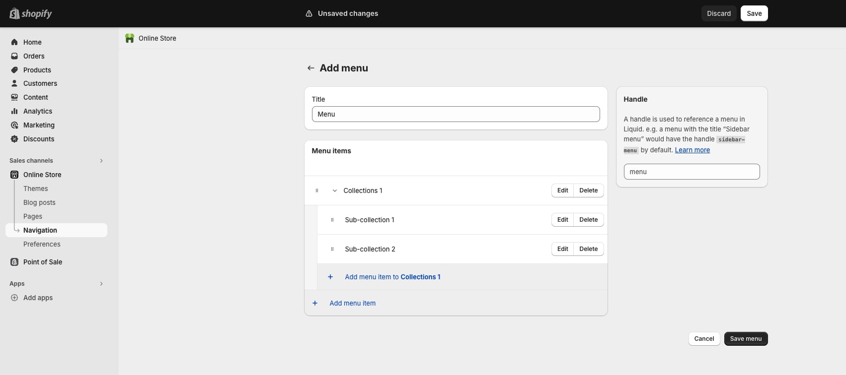 Drag the Shopify sub-collections