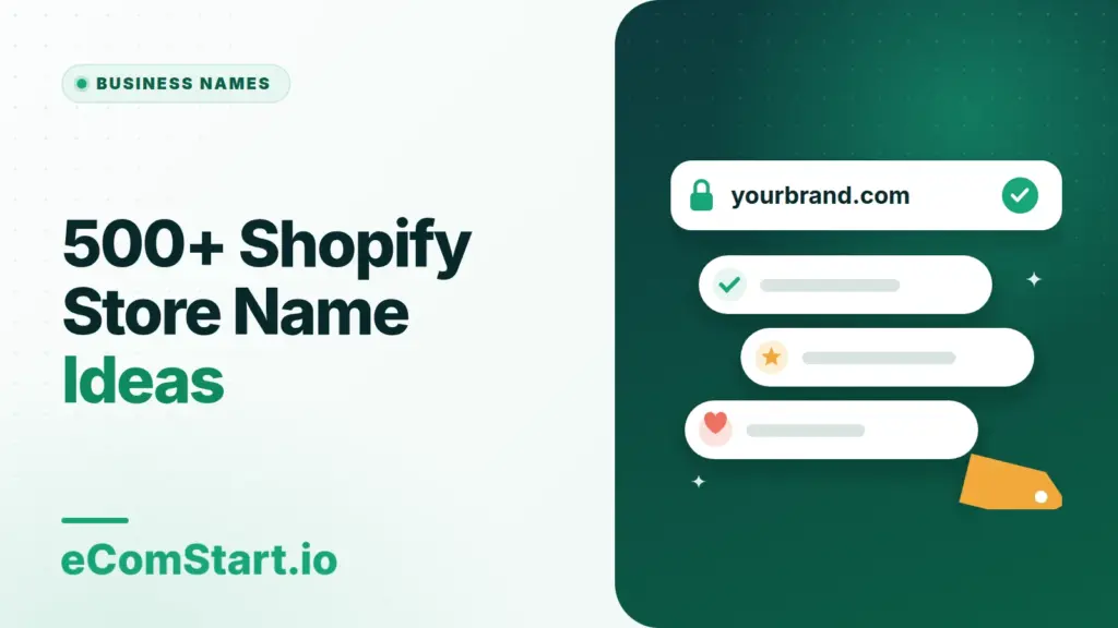 500+ Shopify Store Name Ideas. Cover image showing a domain name bar and a list of name tags.