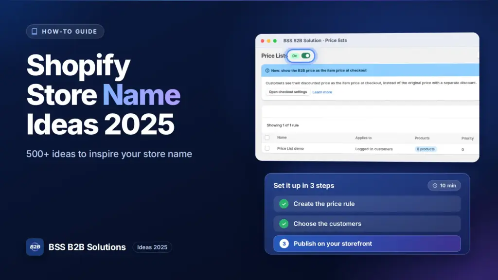 BSS B2B Solution admin price list screen with a three step checklist. Cover for: 500+ Best Shopify Store Name Ideas to Get Inspired 2025