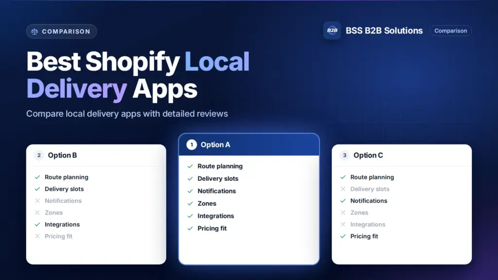 Three option cards with feature checklists. Cover for: 8+ Best Shopify Local Delivery Apps: Compare and Detailed Review