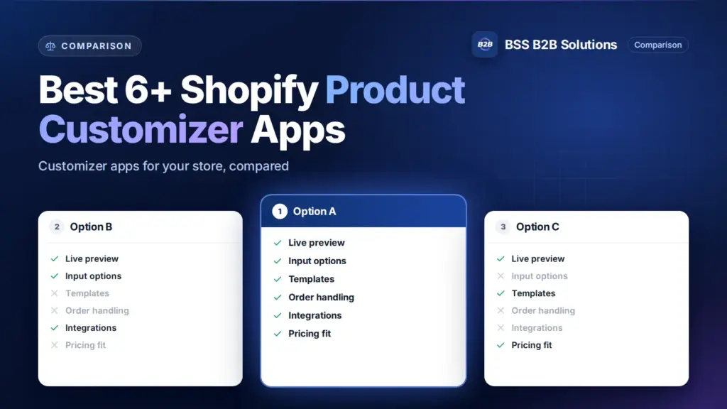 Three option cards with feature checklists. Cover for: Best 6+ Shopify Product Customizer Apps for Better Customer Satisfaction