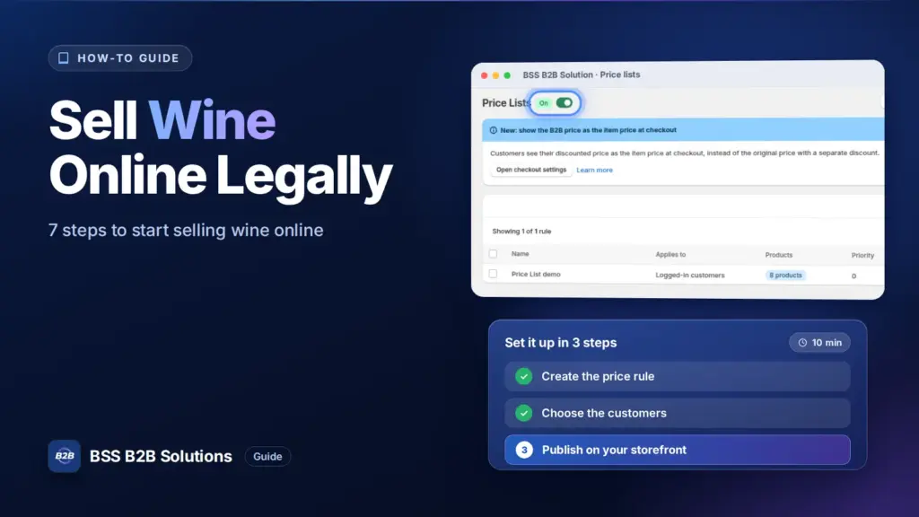 BSS B2B Solution admin price list screen with a three step checklist. Cover for: How To Sell Wine Online Legally In Just 7 Steps