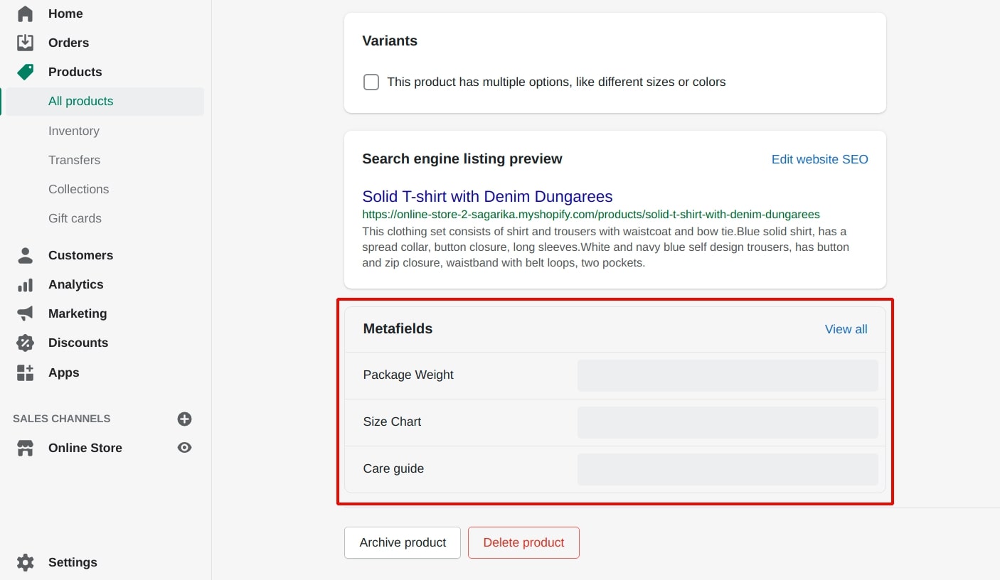 category meta fields Shopify store demo