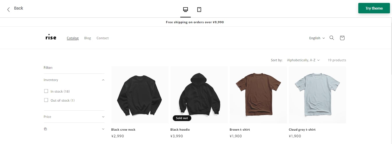 product filtering and sorting Rise Theme Shopify