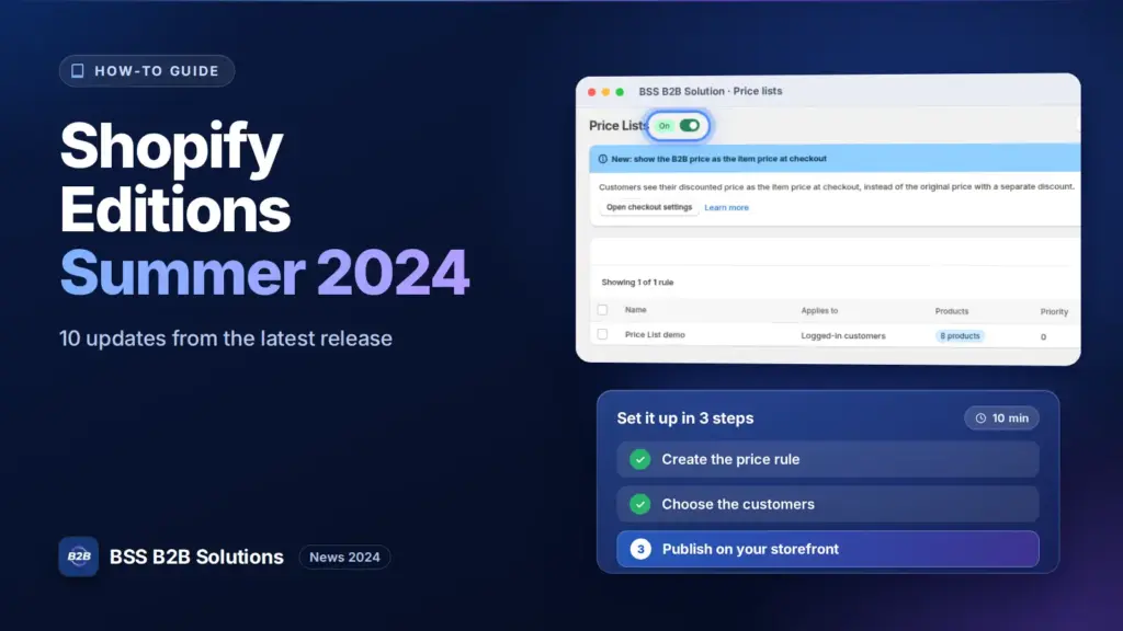 BSS B2B Solution admin price list screen with a three step checklist. Cover for: 10 Big Updates in The Latest Shopify Editions Summer 2024 You Can’t Miss