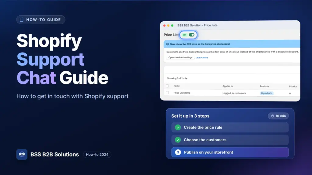 BSS B2B Solution admin price list screen with a three step checklist. Cover for: Shopify Support Chat: How To Easily Get In Touch 2024
