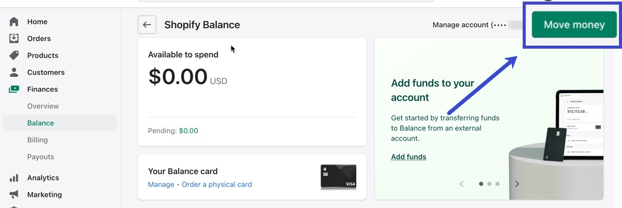 Shopify Balance Account move money