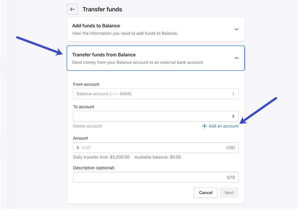 Shopify Balance Account transfer funds