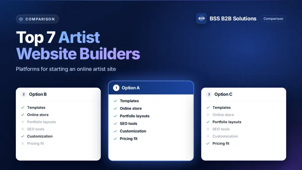 Three option cards with feature checklists. Cover for: Top 7 Best Artist Website Builder Platforms To Start Online
