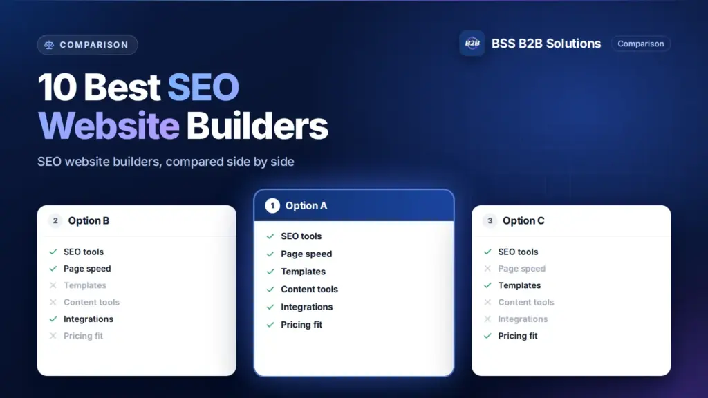 Three option cards with feature checklists. Cover for: Top 10 Best SEO Website Builders: Which Is Better?