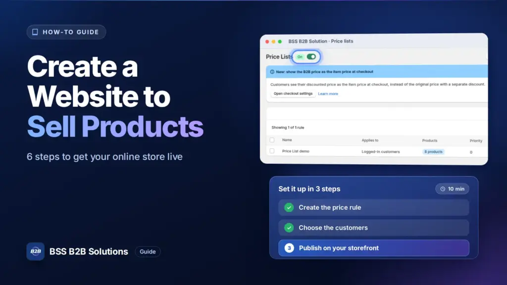 BSS B2B Solution admin price list screen with a three step checklist. Cover for: How To Create A Website To Sell Products: 6 Easy Steps To Success