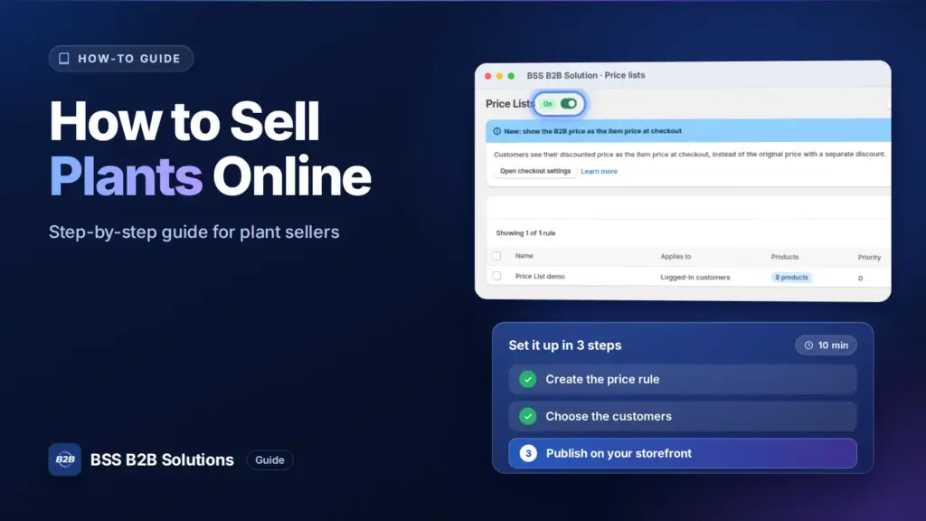 BSS B2B Solution admin price list screen with a three step checklist. Cover for: How To Sell Plants Online: Step-by-Step Guides