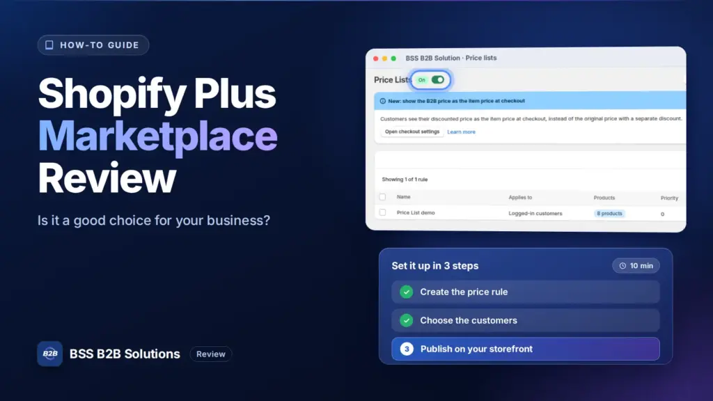 BSS B2B Solution admin price list screen with a three step checklist. Cover for: Shopify Plus Marketplace – Is It A Good Choice For You?