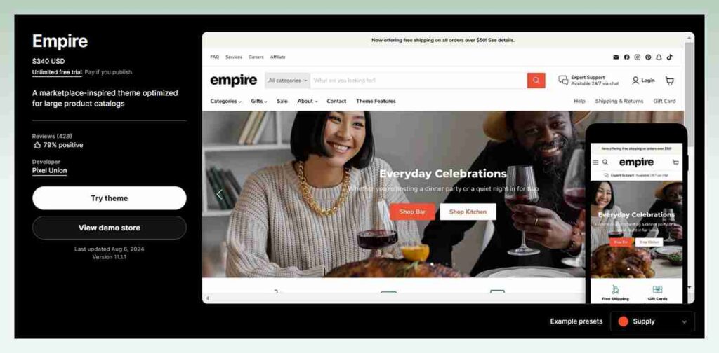 Empire Shopify Theme Review: Best for Big Catalogs Store