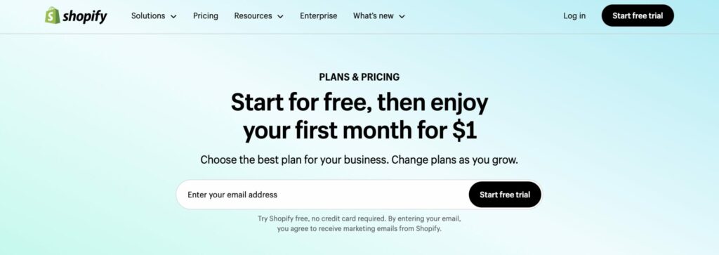 Shopify pricing page 