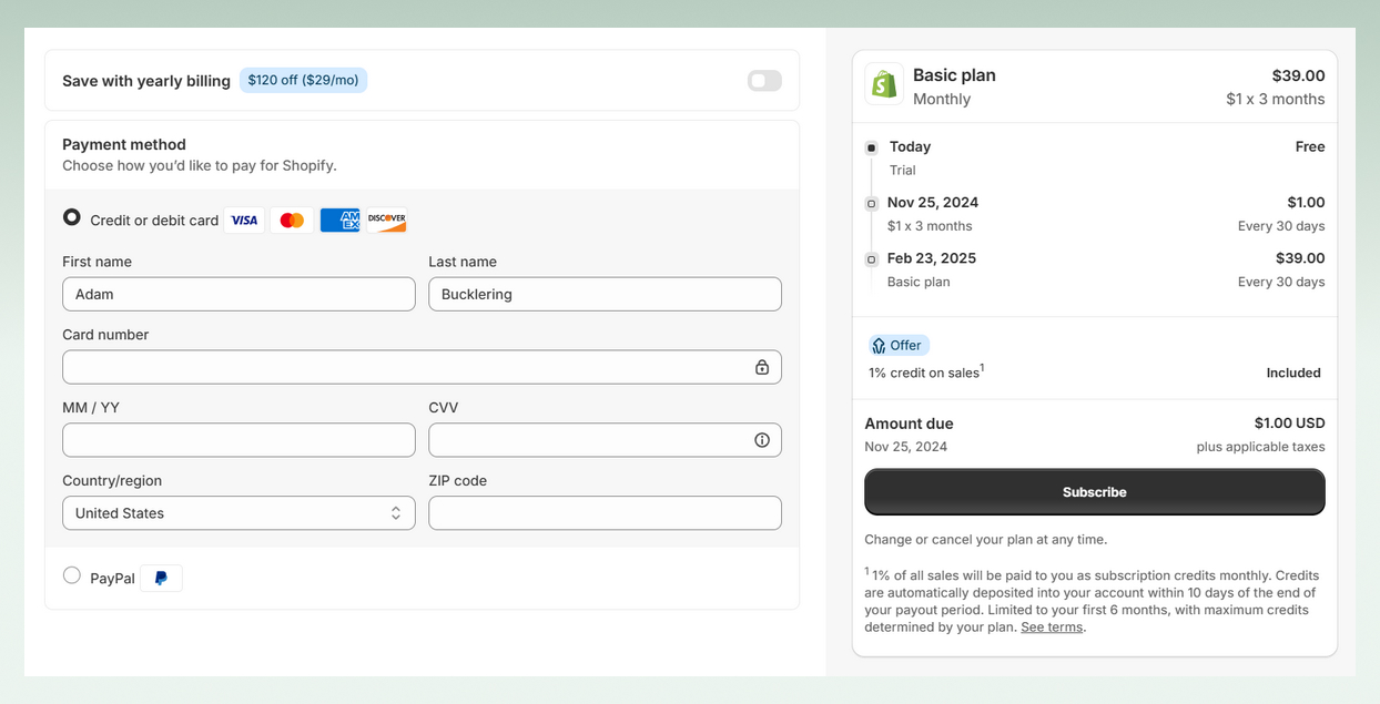 enter your payment to use 1 dollar shopify plan