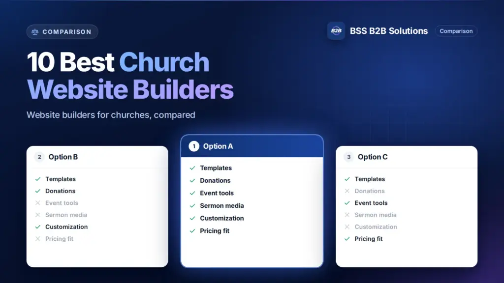 Three option cards with feature checklists. Cover for: 10 Best Church Website Builders with Premium Functions