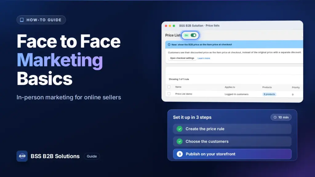 BSS B2B Solution admin price list screen with a three step checklist. Cover for: Face to Face Marketing: Boost Your Sales in the Digital Age