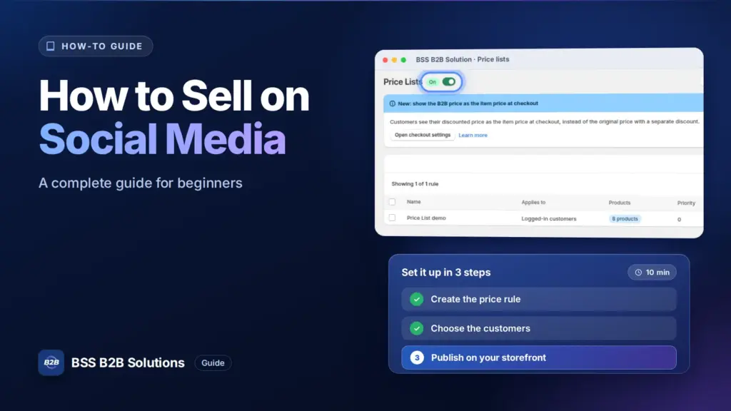 BSS B2B Solution admin price list screen with a three step checklist. Cover for: How to Sell on Social Media: A Complete Guide for Beginners