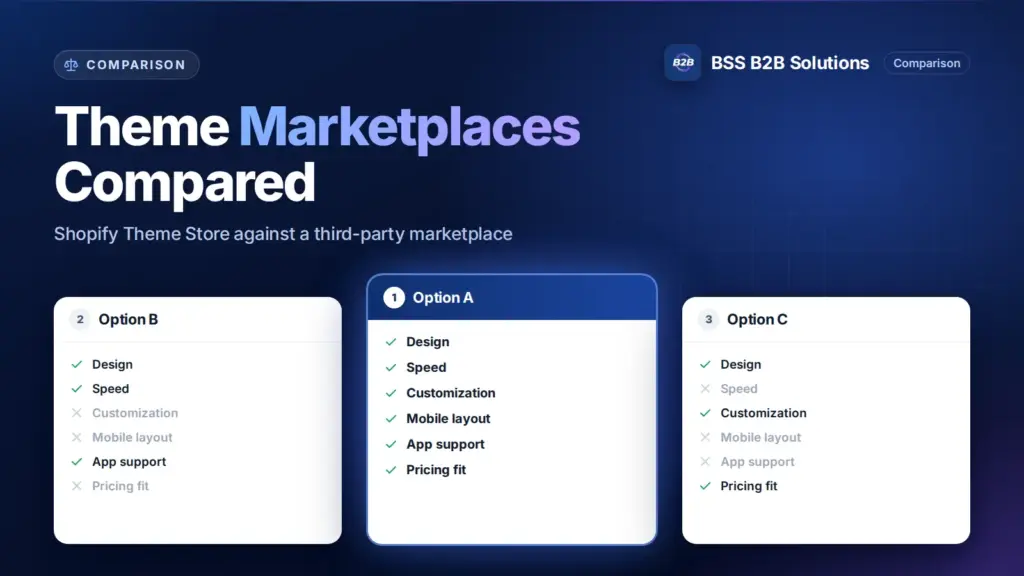 Three option cards with feature checklists. Cover for: Shopify Theme Store vs Themeforest: What’s the different?