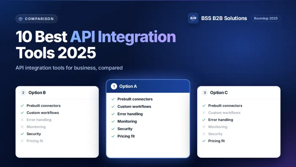 Three option cards with feature checklists. Cover for: 10 Best API Integration Tools for Your Business in 2025