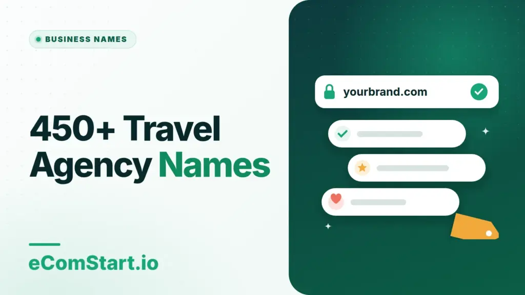450+ Travel Agency Names. Cover image showing a domain name bar and a list of name tags.
