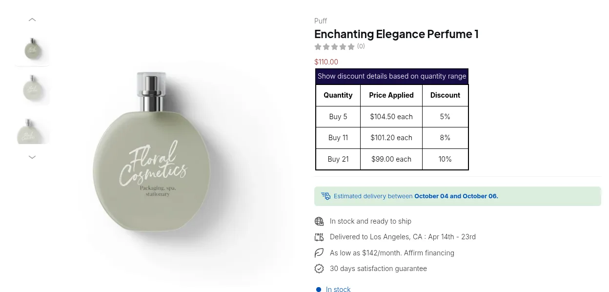 Product page with a quantity table: buy 5 at $104.50 each for 5% off, buy 11 at $101.20 each for 8% off, buy 21 at $99.00 each for 10% off