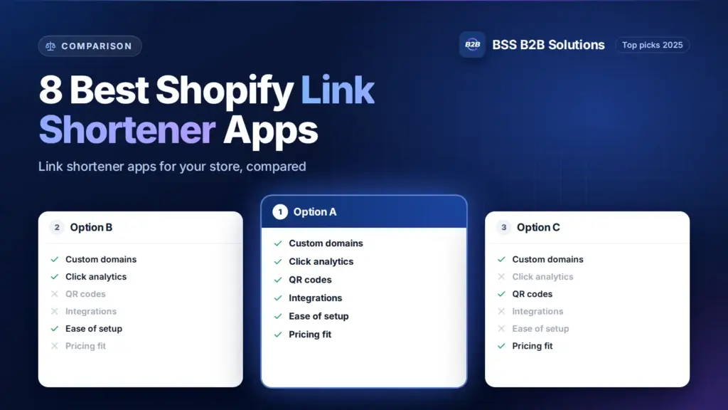 Three option cards with feature checklists. Cover for: 8 Best Shopify Link Shortener Apps In 2025