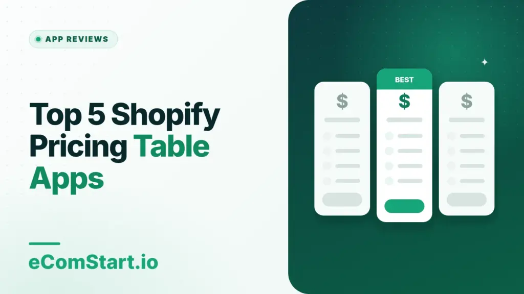 Top 5 Shopify Pricing Table Apps. Cover image showing three pricing plan cards.